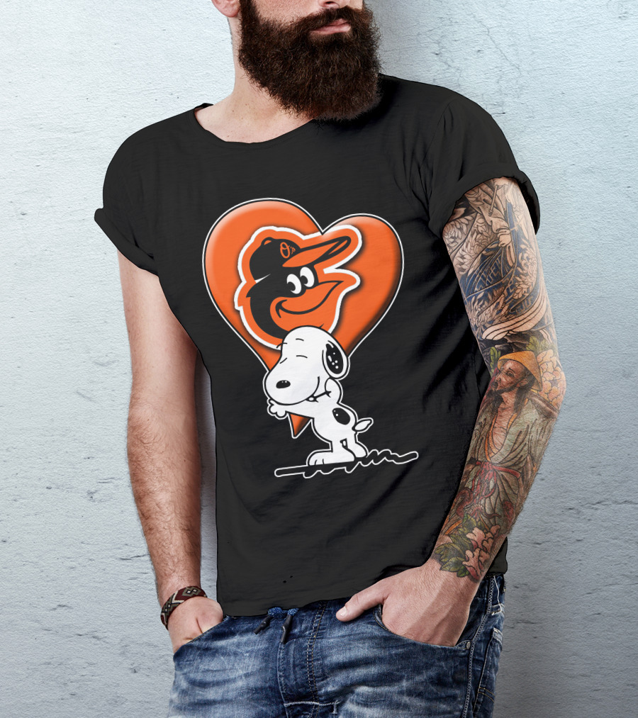 Snoopy Hugging Heart With Baltimore Orioles Bird T-Shirt