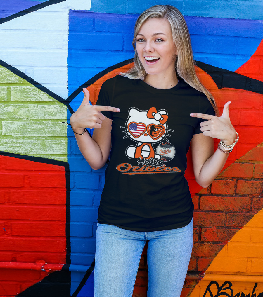 Hello Kitty Orioles Baltimore American Flag Baseball T-Shirt
