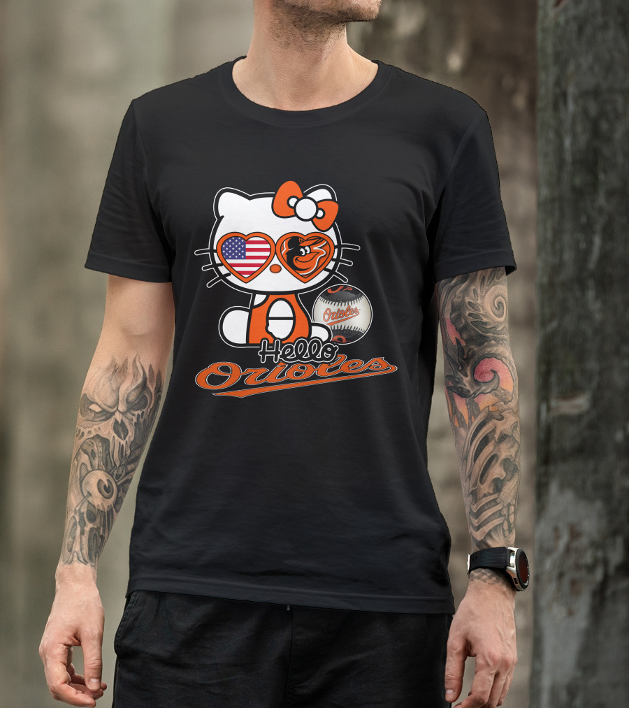 Hello Kitty Orioles Baltimore American Flag Baseball T-Shirt