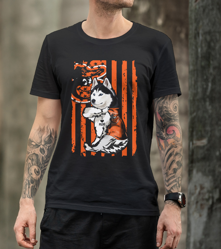 Siberian Husky Baltimore Orioles Dog Mom USA Flag T-Shirt