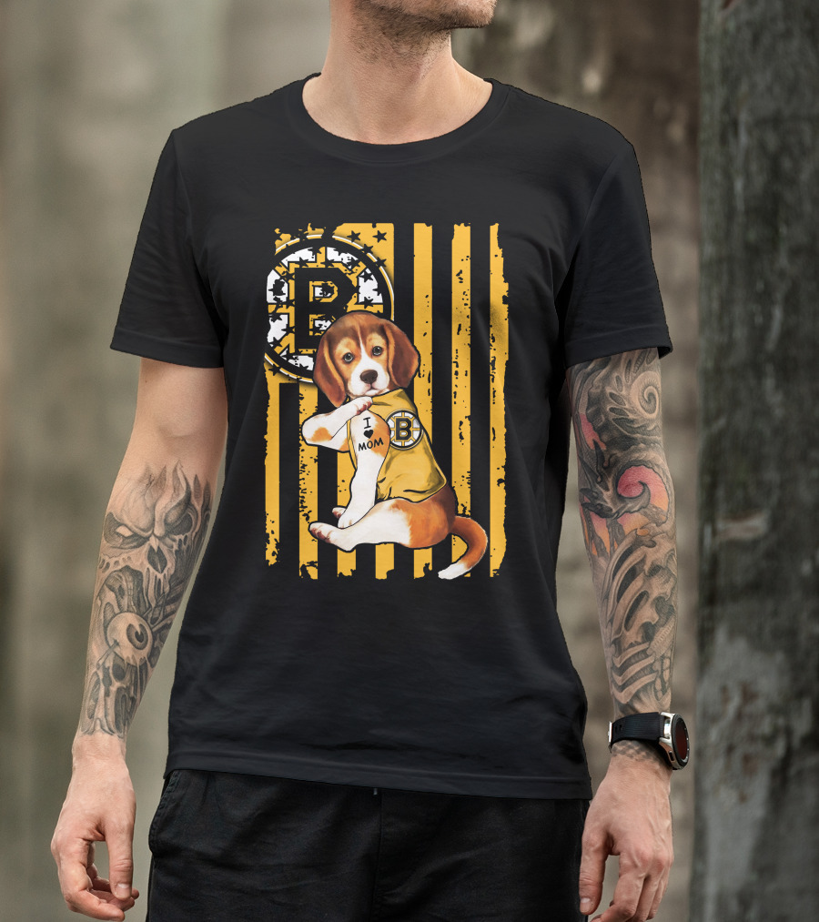 Beagle Puppy I Love Mom Boston Bruins Fan T-Shirt