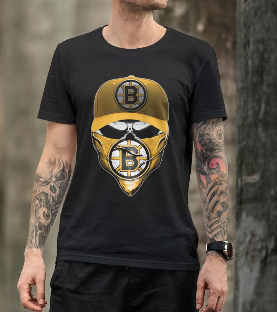 Skull Boston Bruins Logo Cap Mask T-Shirt