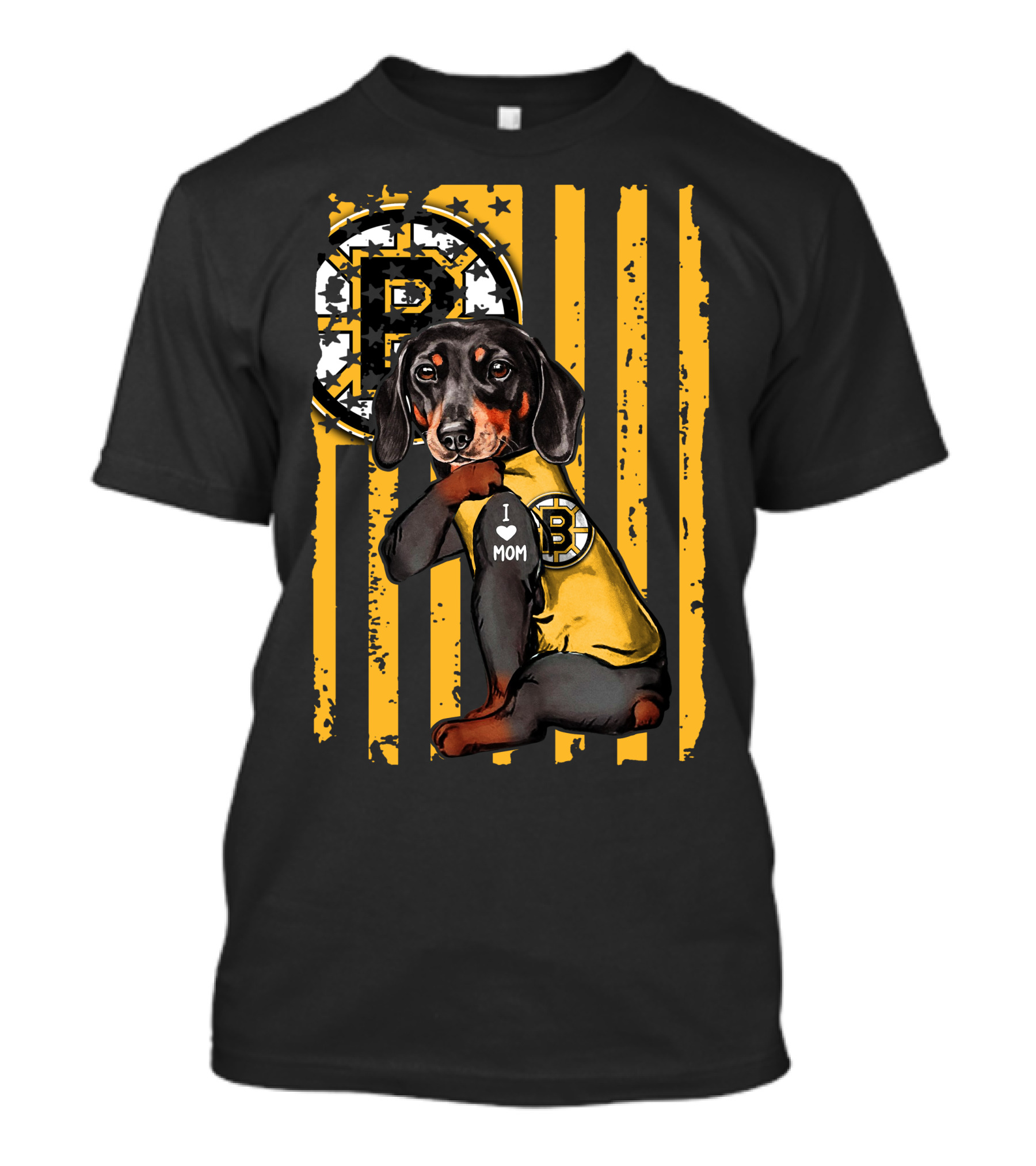 Dachshund I Love Mom Boston Bruins Stripes T-Shirt