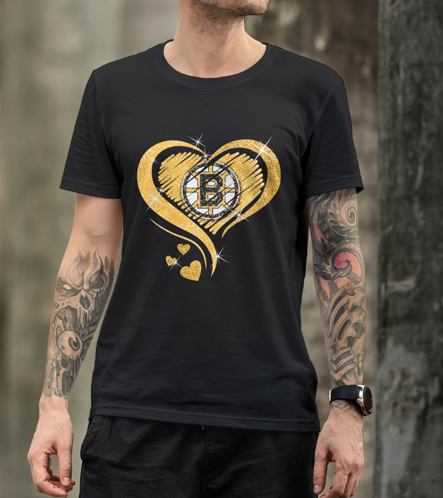 Boston Bruins Heart Glitter Logo Diamond T-Shirt