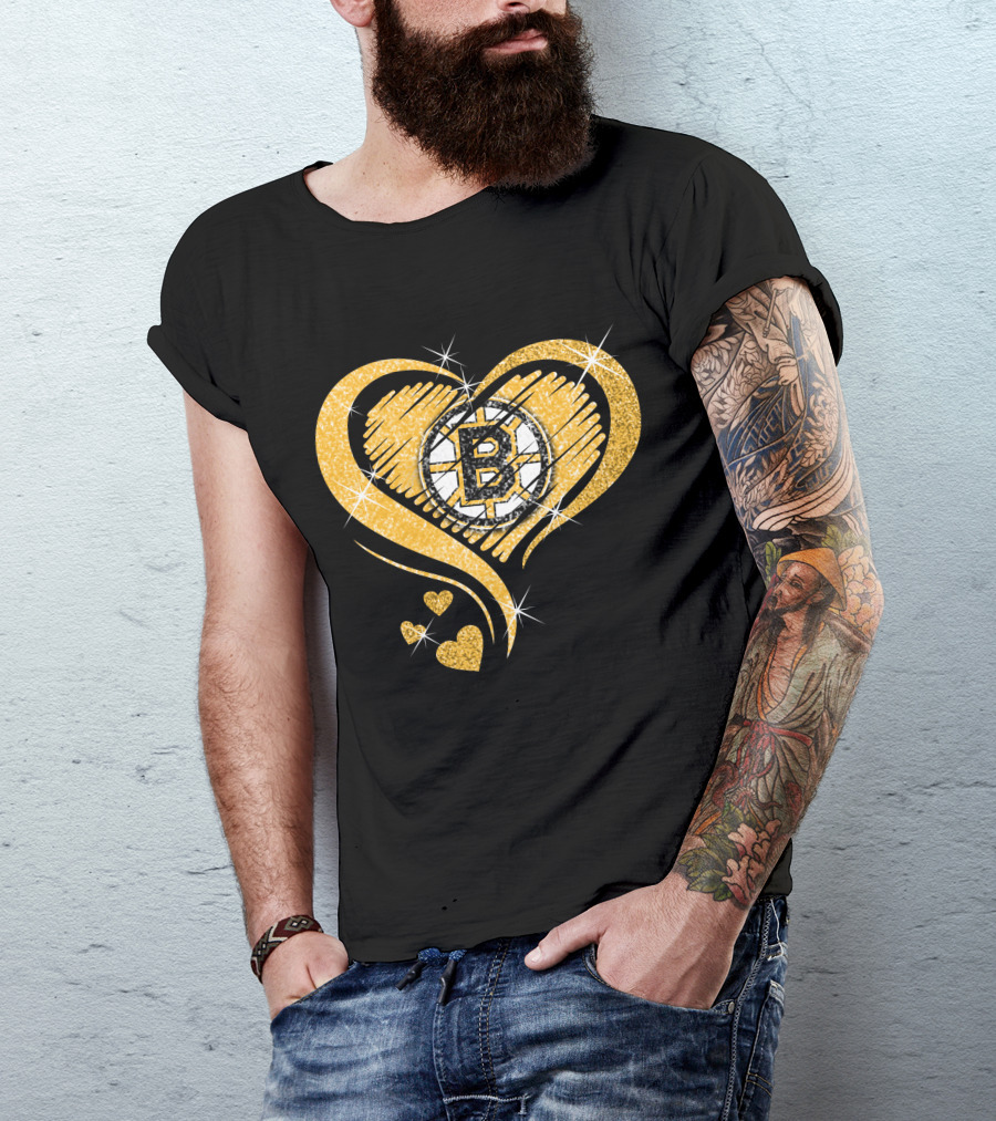 Boston Bruins Heart Glitter Logo Diamond T-Shirt