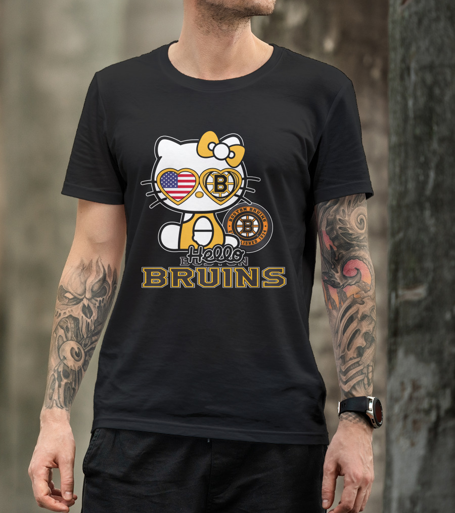 Hello Kitty Boston Bruins Established 1924 USA Flag Heart Sunglasses T-Shirt
