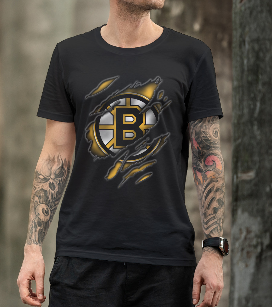 Torn Boston Bruins Logo Emblem Ripped Claw Marks T-Shirt