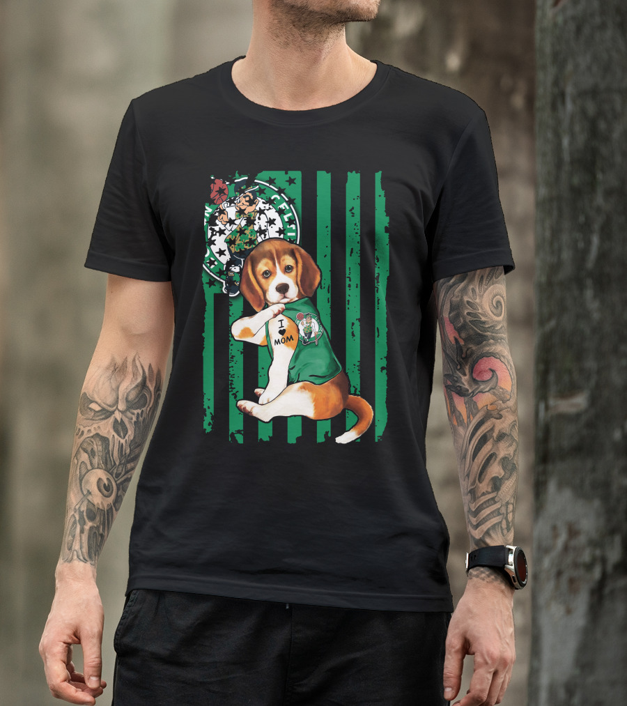 Beagle I Love Mom Boston Celtics Green Stripes T-Shirt