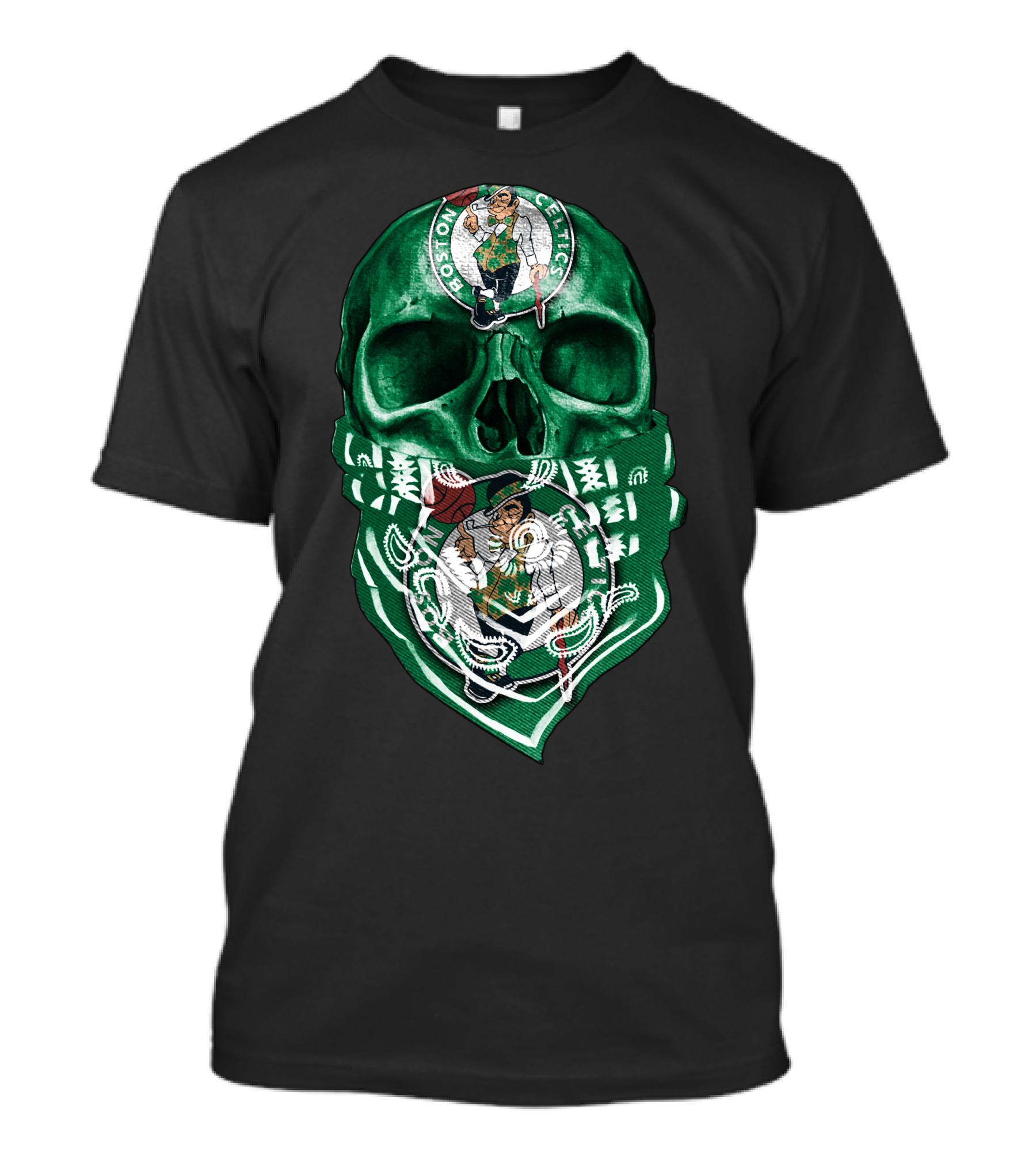 Boston Celtics Skull With Iconic Logos And Green Bandana T-Shirt