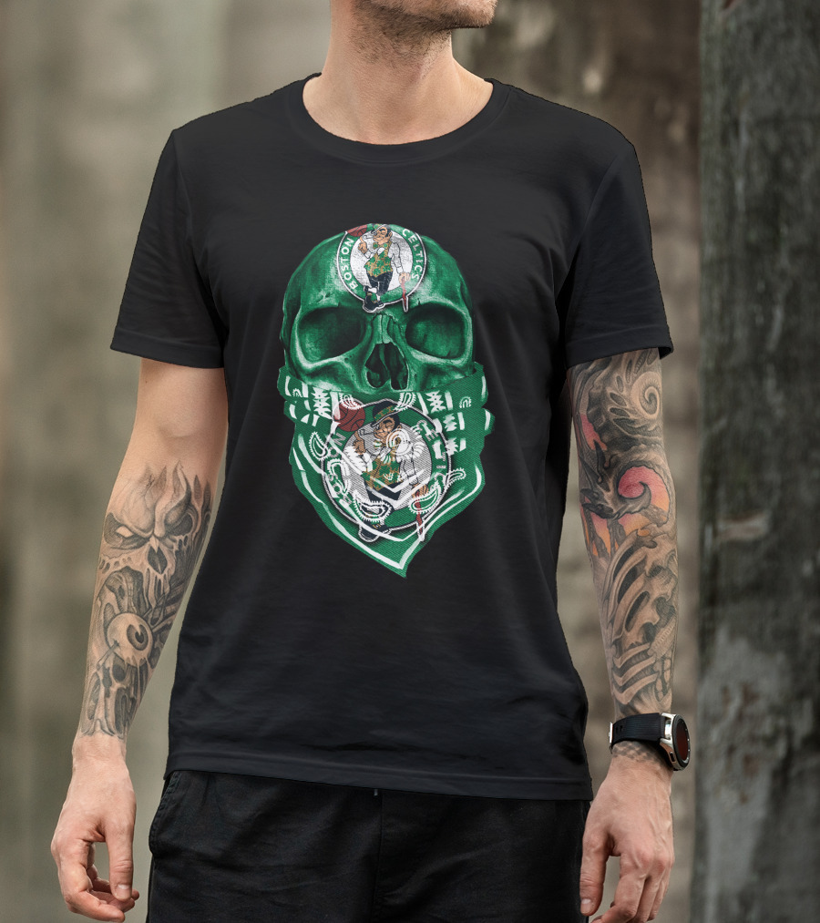 Boston Celtics Skull With Iconic Logos And Green Bandana T-Shirt
