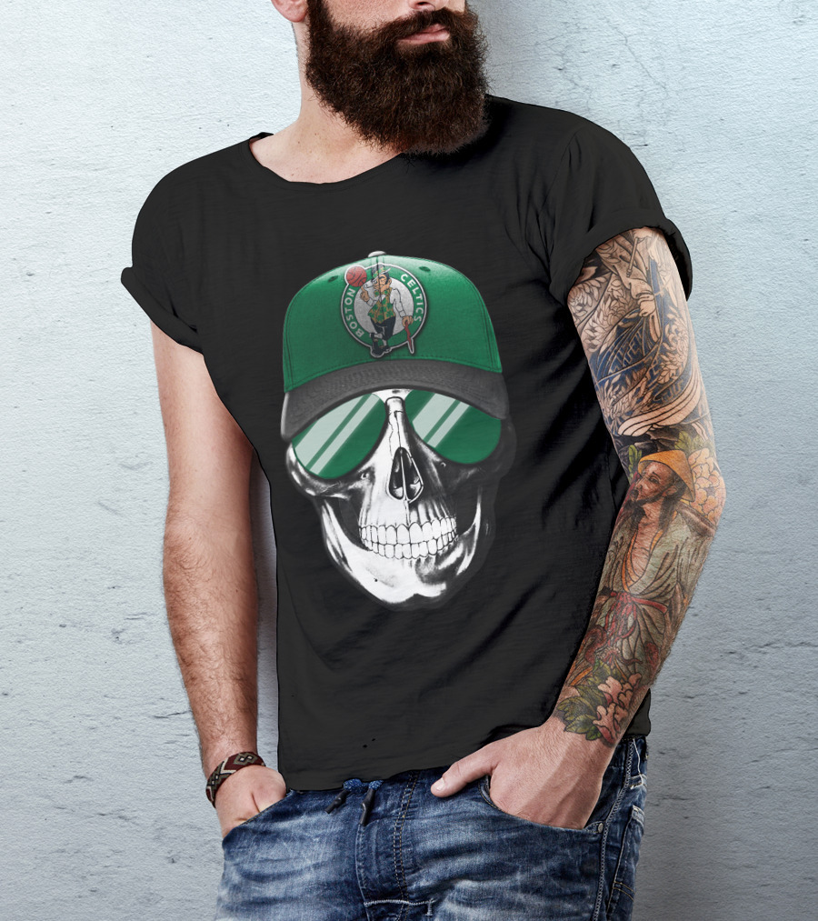 Boston Celtics Skull With Hat And Sunglasses T-Shirt