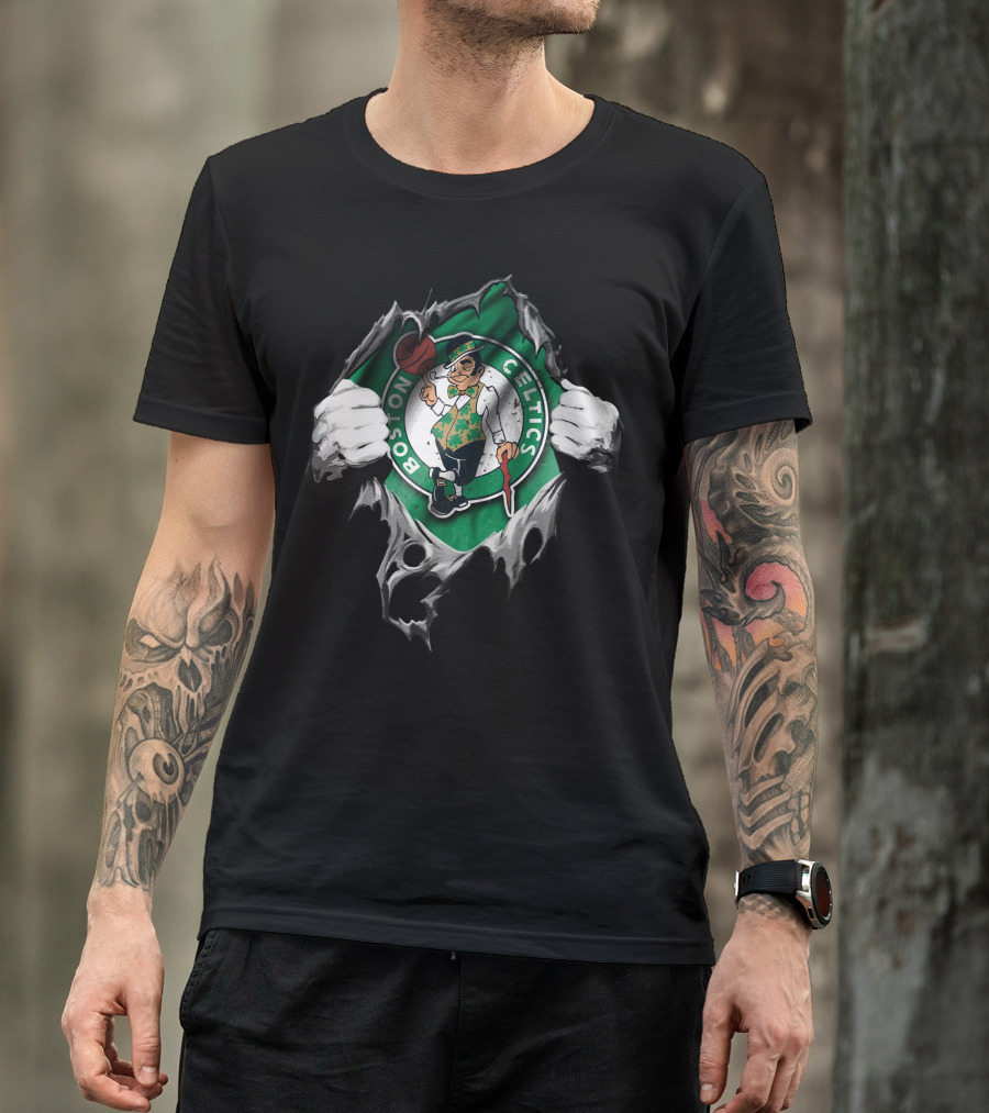 Boston Celtics Logo Torn Through Green And Black T-Shirt