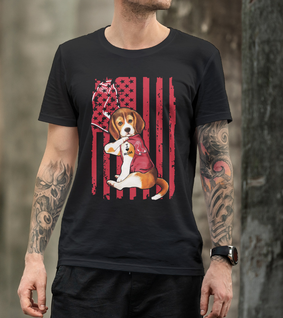 Beagle Puppy With Boston Red Sox Jersey And I Love Mom Tattoo On American Flag Background T-Shirt