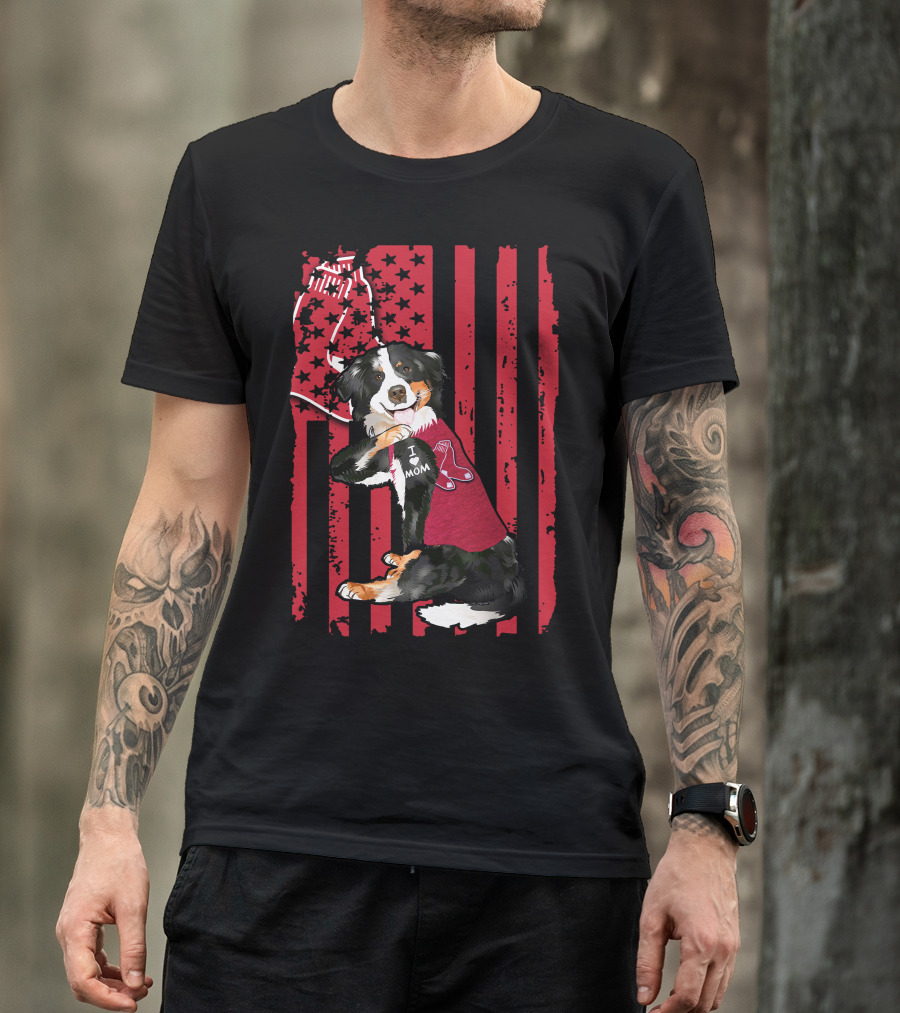 Border Collie I Love Mom Boston Red Sox Baseball Patriotic T-Shirt