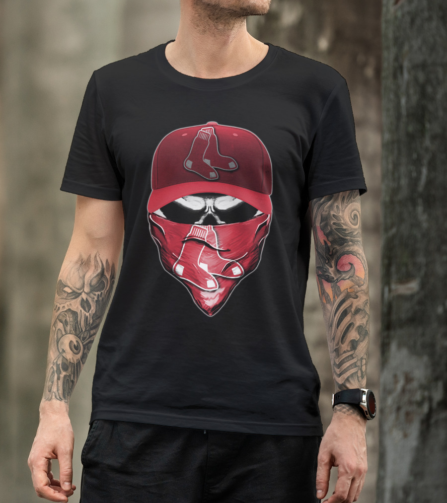 Skull Wearing Boston Red Sox Cap And Bandana T-Shirt