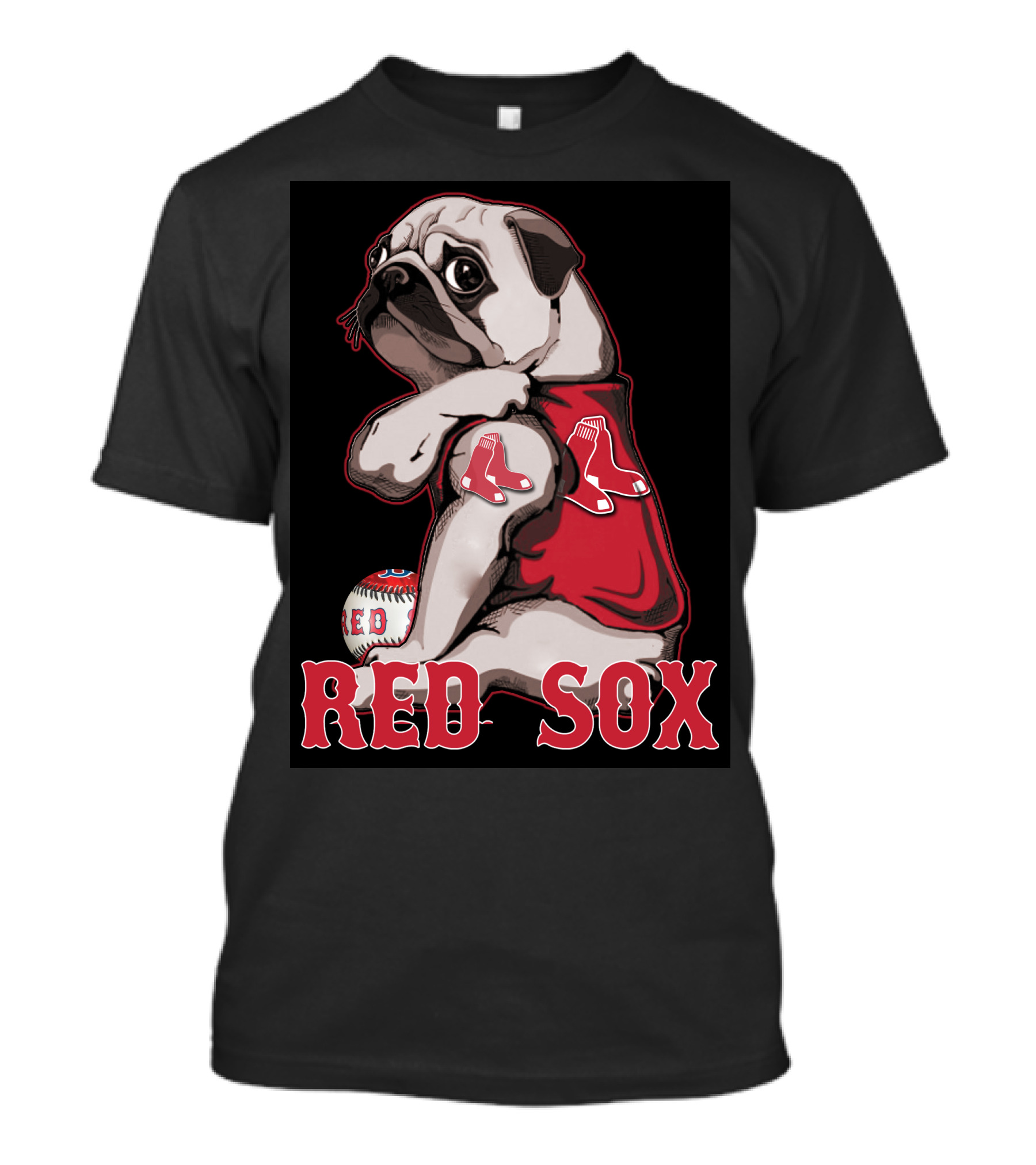 Pug With Boston Red Sox Jersey And Baseball T-Shirt