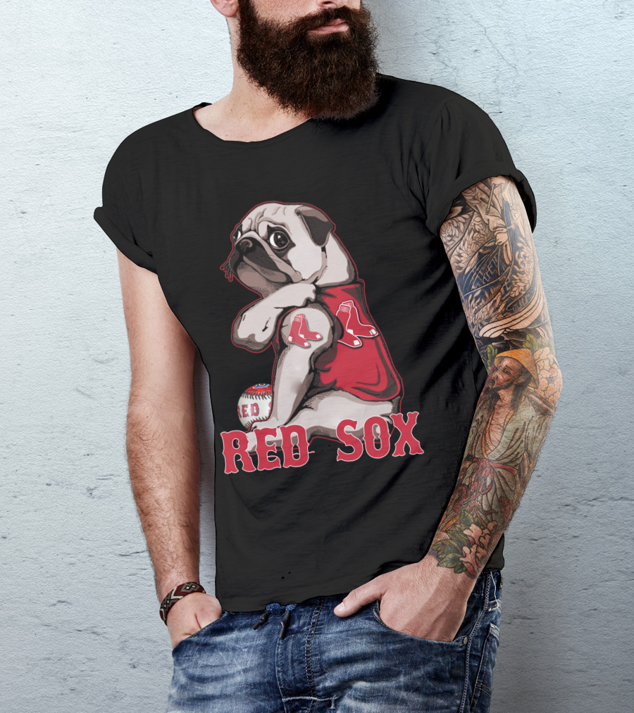 Pug With Boston Red Sox Jersey And Baseball T-Shirt