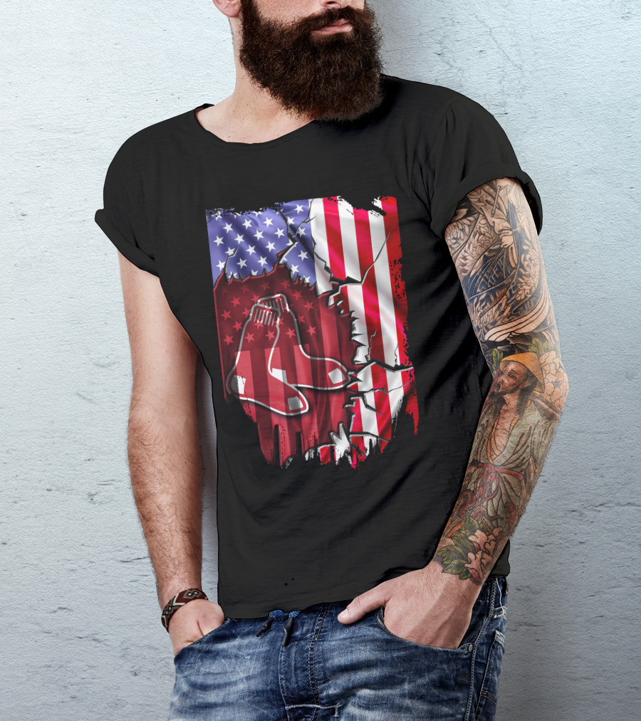 Flag Boston Red Sox American Stars And Stripes Patchwork T-Shirt