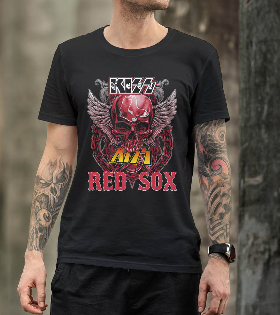 KISS Boston Red Sox Skull Chains Wings T-Shirt