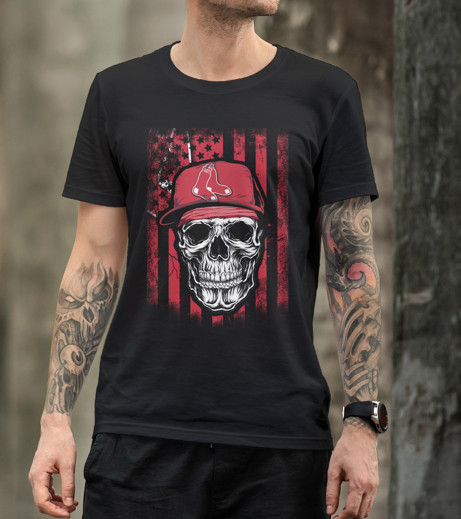 Boston Red Sox Skull Logo Cap On Red And Black T-Shirt