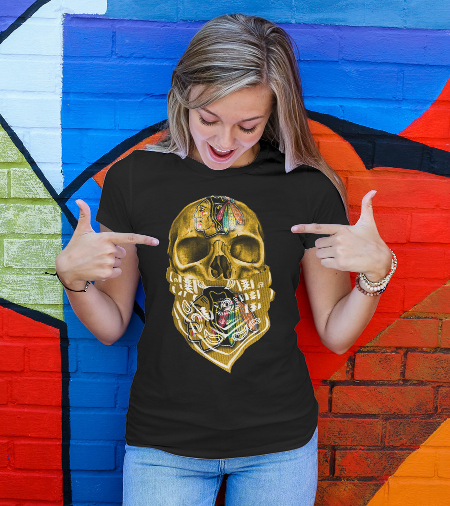 Skull With Chicago Blackhawks Logo Bandana T-Shirt