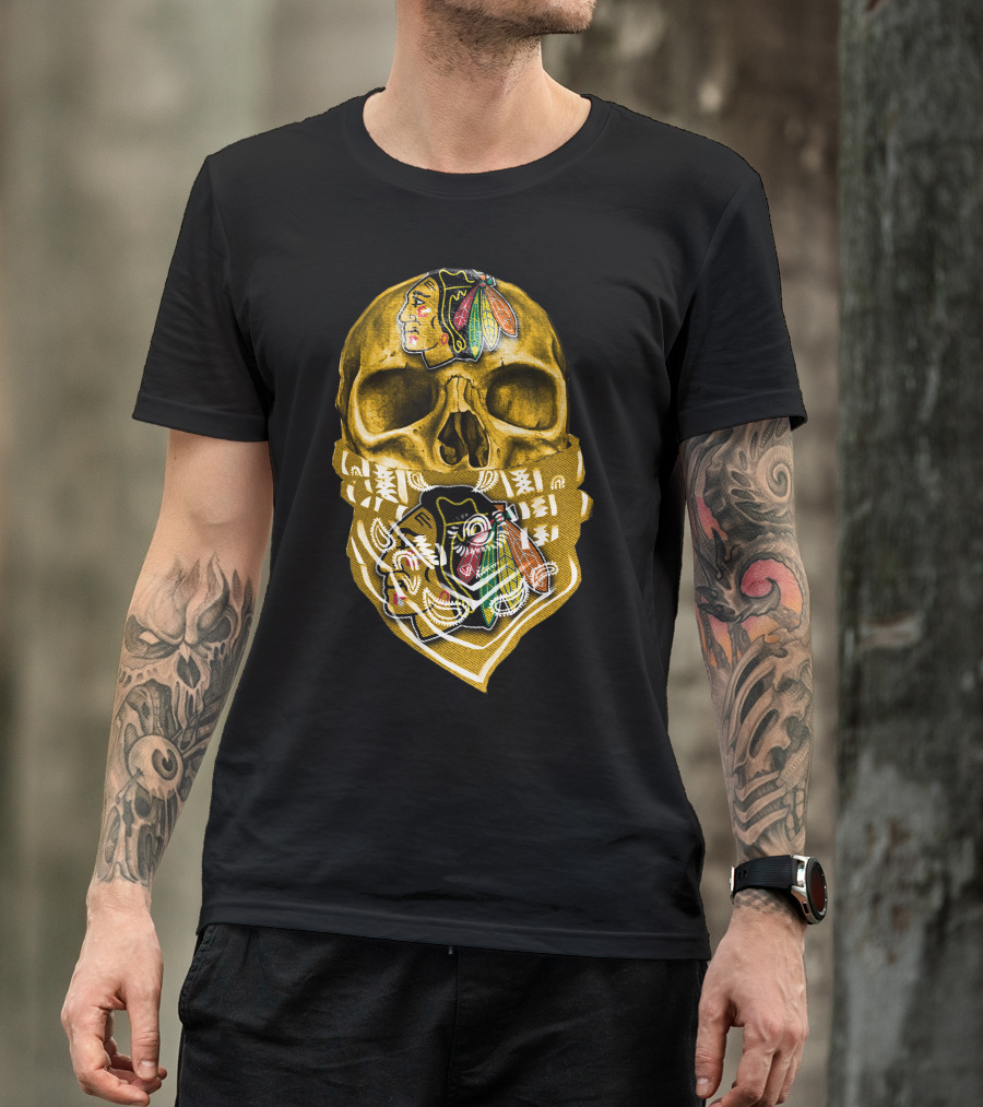Skull With Chicago Blackhawks Logo Bandana T-Shirt