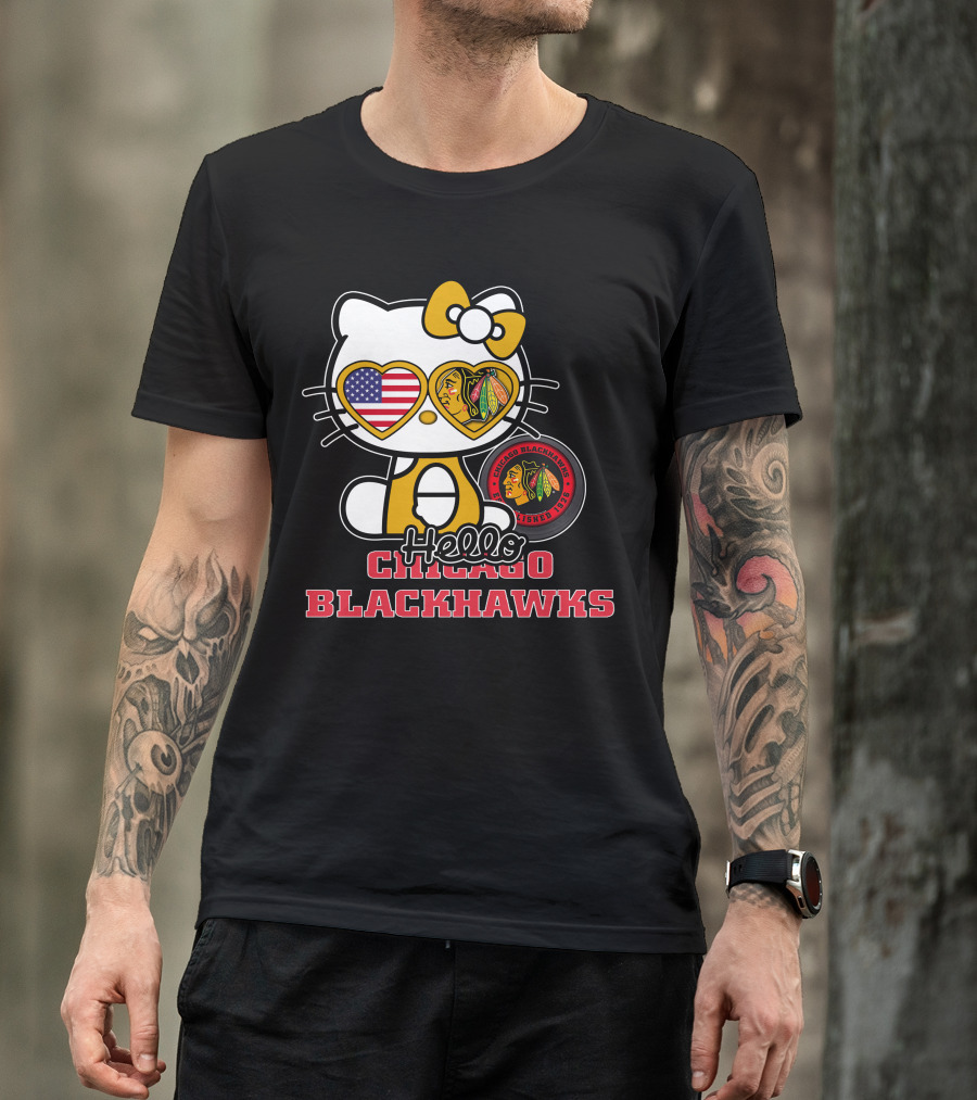 Hello Kitty Chicago Blackhawks American Flag Hockey Fan T-Shirt