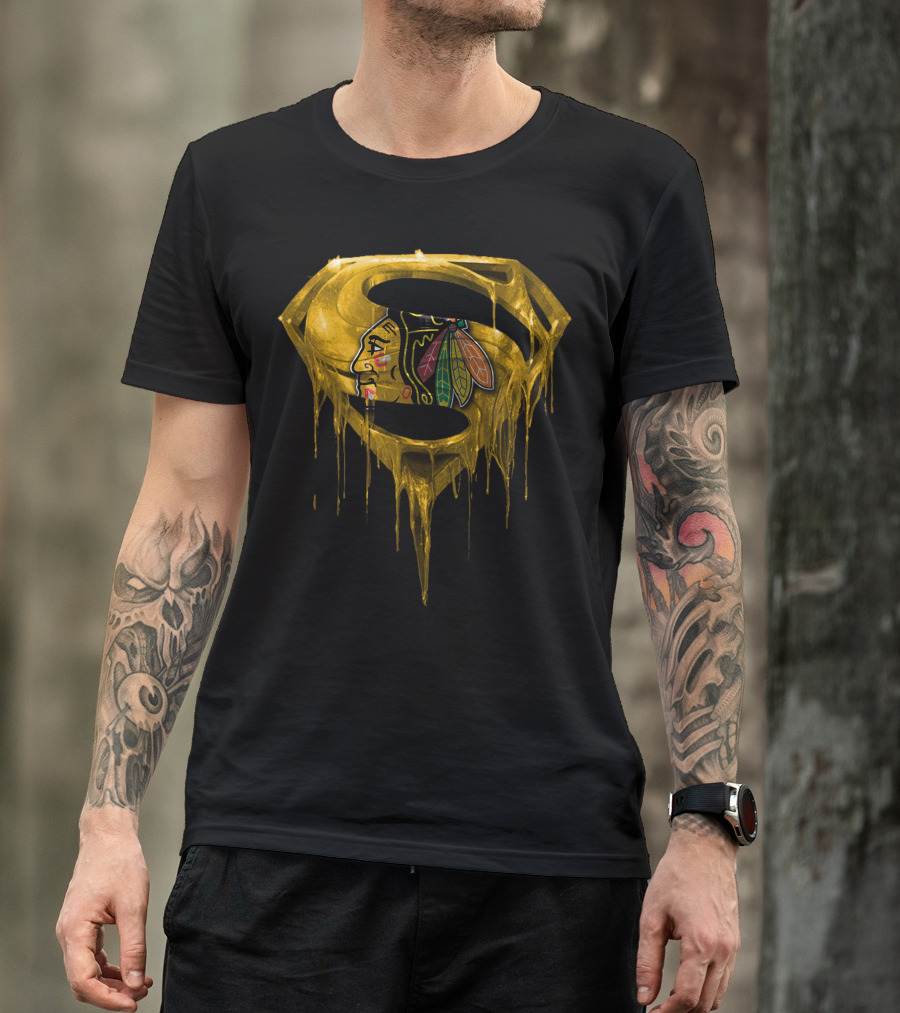 Superman Symbol With Chicago Blackhawks Logo Dripping Gold T-Shirt