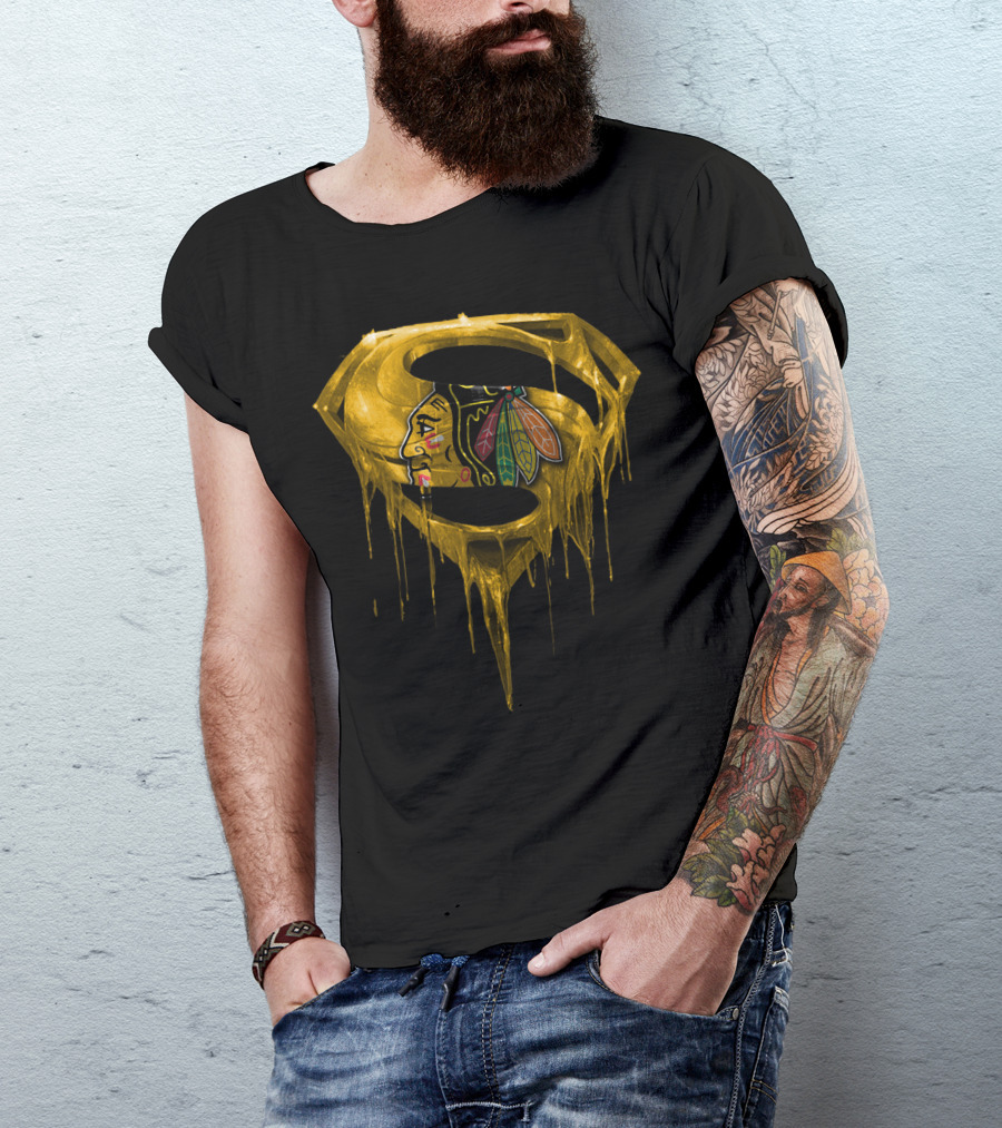 Superman Symbol With Chicago Blackhawks Logo Dripping Gold T-Shirt