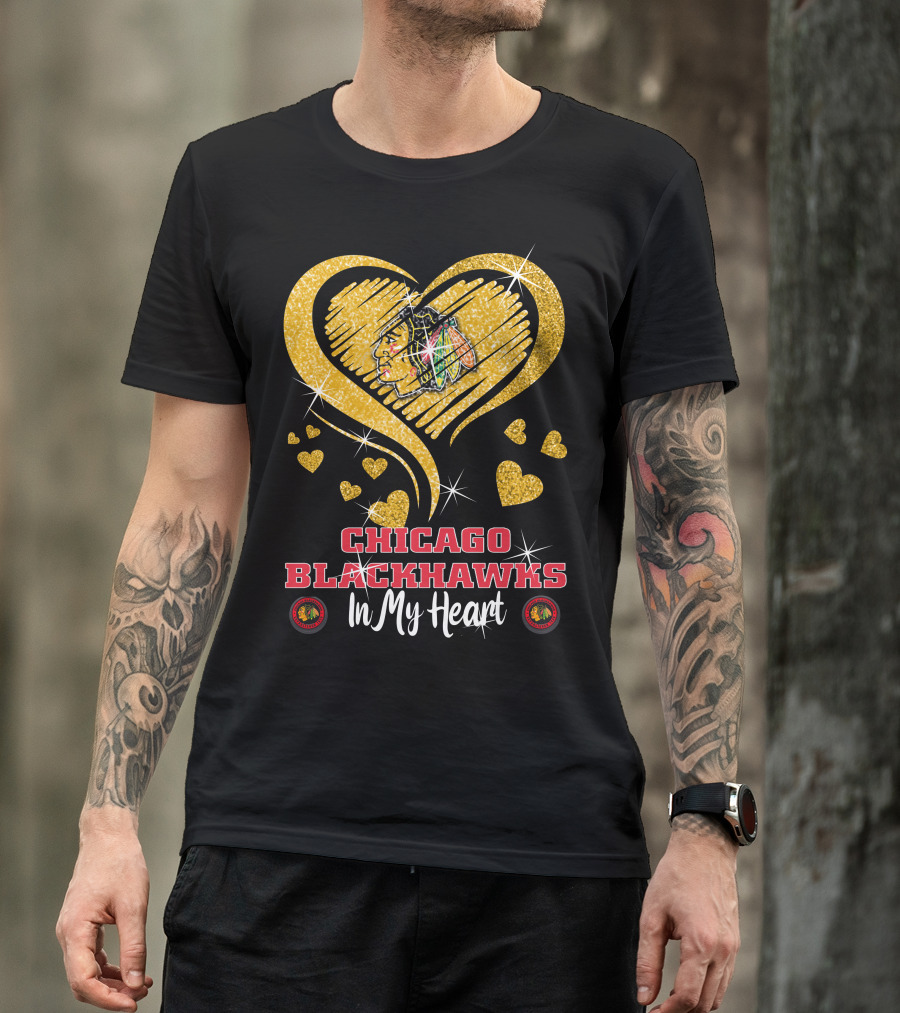 Chicago Blackhawks In My Heart Golden Glitter Logo Hearts T-Shirt