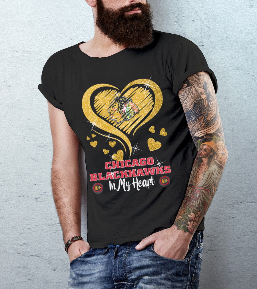 Chicago Blackhawks In My Heart Golden Glitter Logo Hearts T-Shirt