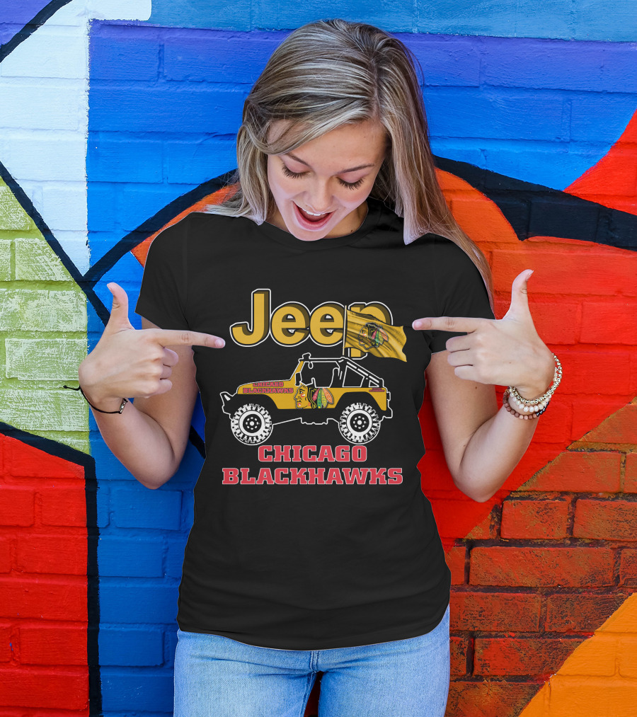 Jeep Chicago Blackhawks Off-Road Vehicle With Team Logo And Flag T-Shirt