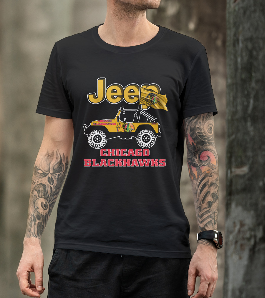 Jeep Chicago Blackhawks Off-Road Vehicle With Team Logo And Flag T-Shirt