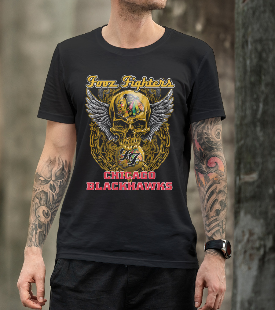 Foo Fighters Chicago Blackhawks Skull Winged T-Shirt