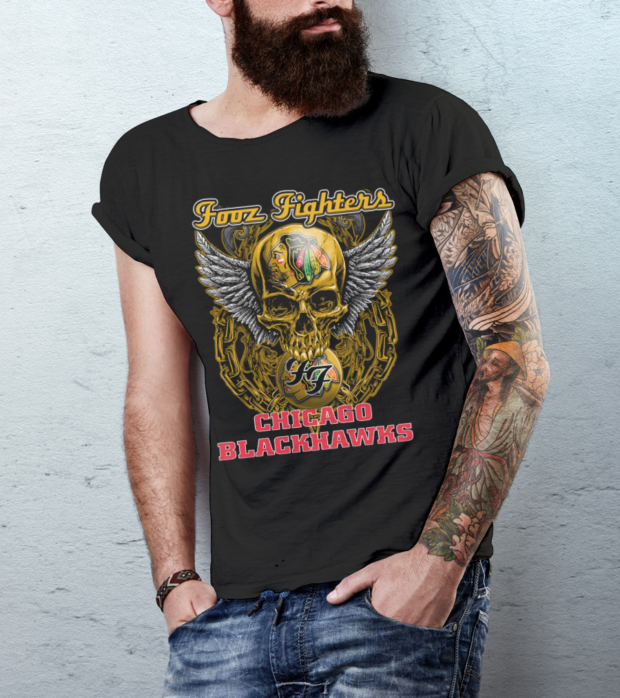Foo Fighters Chicago Blackhawks Skull Winged T-Shirt