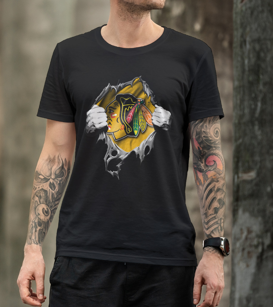 Torn Chicago Blackhawks Logo Peeking Through Ripped Fabric T-Shirt
