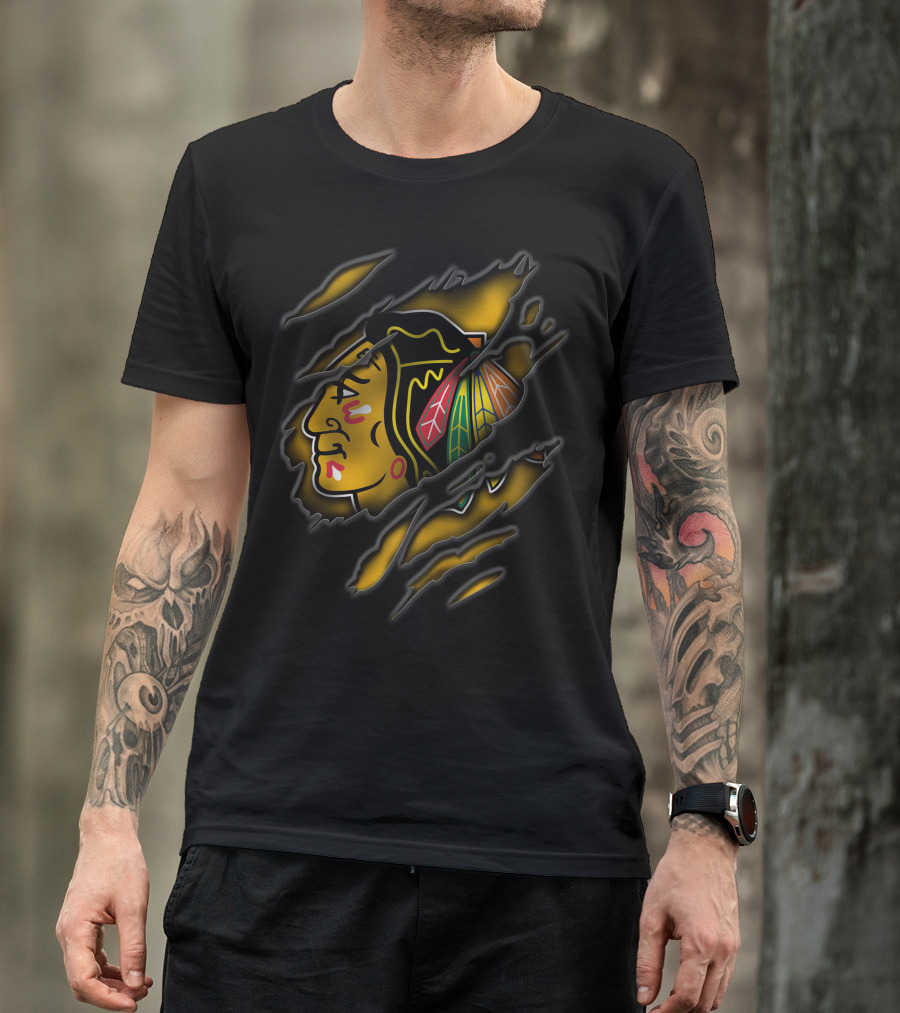 Torn Chicago Blackhawks Logo Claw Marks Yellow And Black T-Shirt