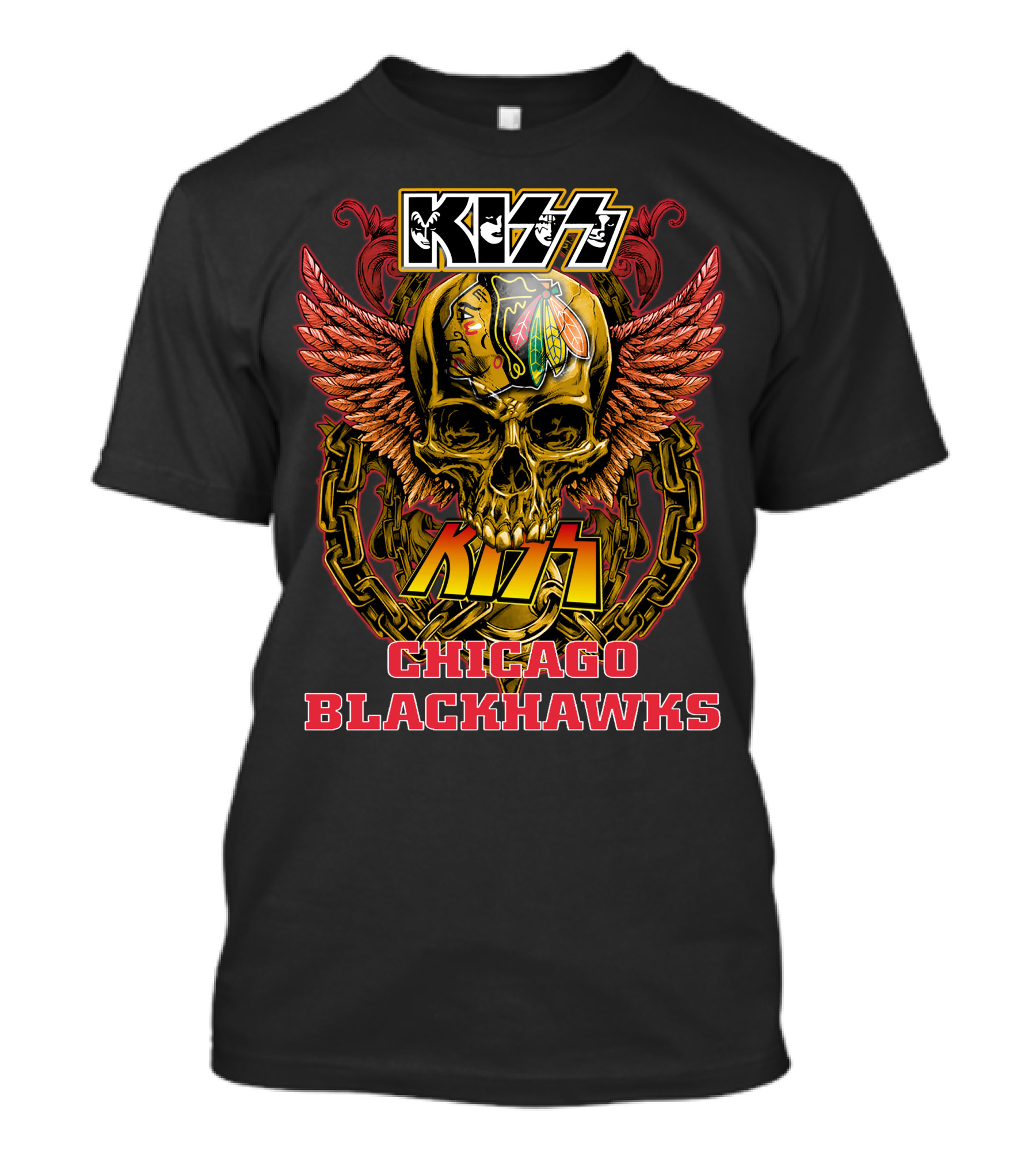 Kiss Chicago Blackhawks Skull With Wings And Chains T-Shirt