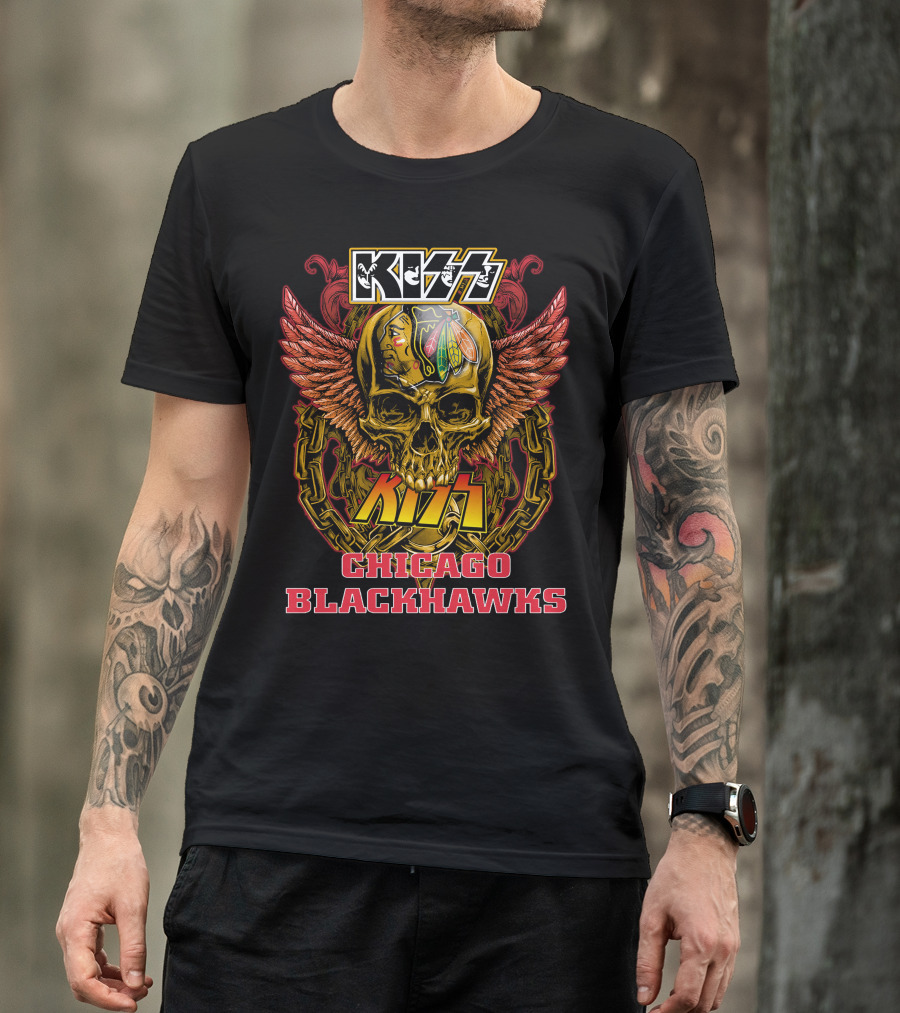 Kiss Chicago Blackhawks Skull With Wings And Chains T-Shirt