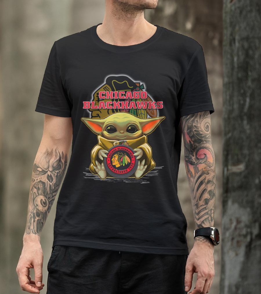 Yoda Holding Chicago Blackhawks Puck T-Shirt
