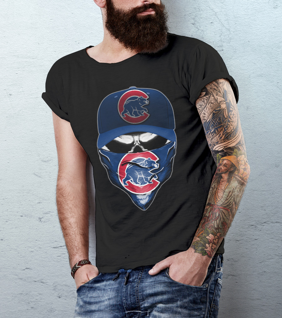 Skull Wearing Chicago Cubs Hat And Bandana T-Shirt