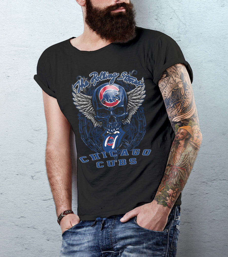 The Rolling Stones Chicago Cubs Skull Wings Logo Mashup T-Shirt
