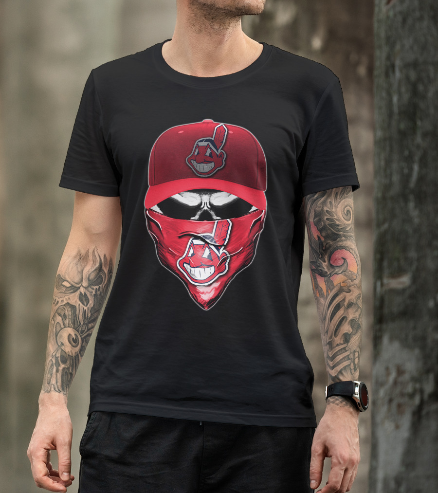 Cleveland Indians Chief Wahoo Skull Mask With Hat And Bandana T-Shirt