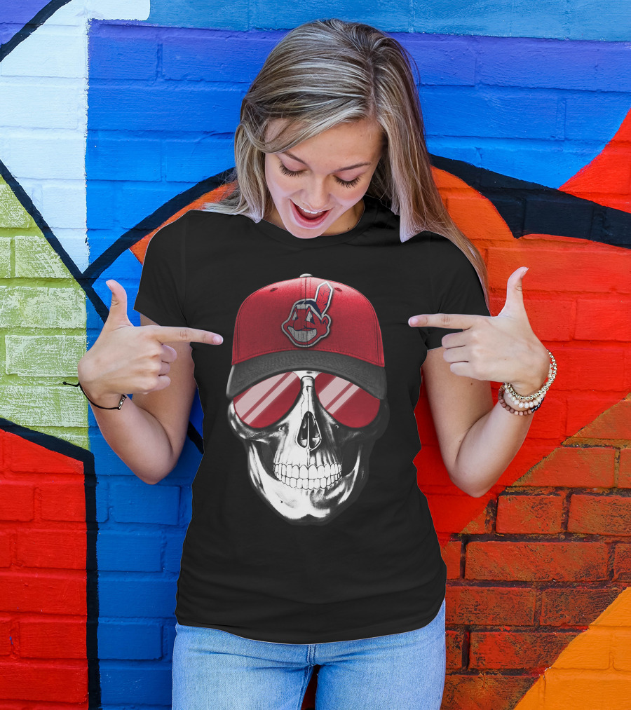 Skull With Cleveland Indians Cap And Sunglasses T-Shirt