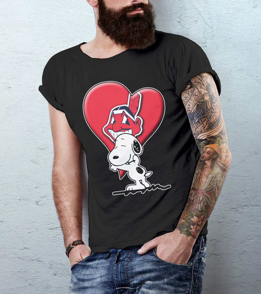 Snoopy Hugging Cleveland Indians Logo Heart T-Shirt