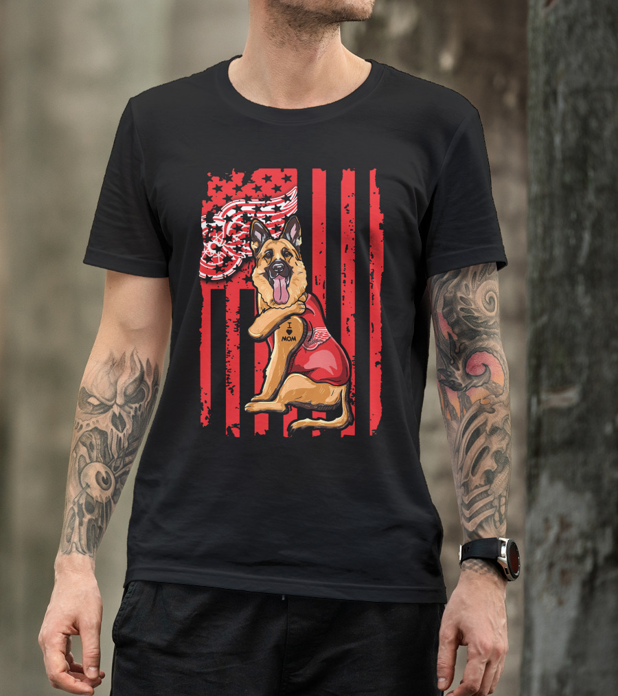 German Shepherd With Detroit Red Wings And I Love Mom Tattoo Flag Background T-Shirt