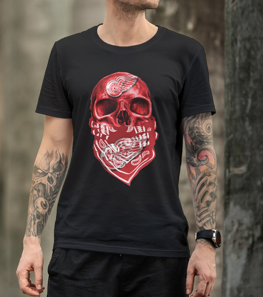 Skull With Detroit Red Wings Bandana T-Shirt