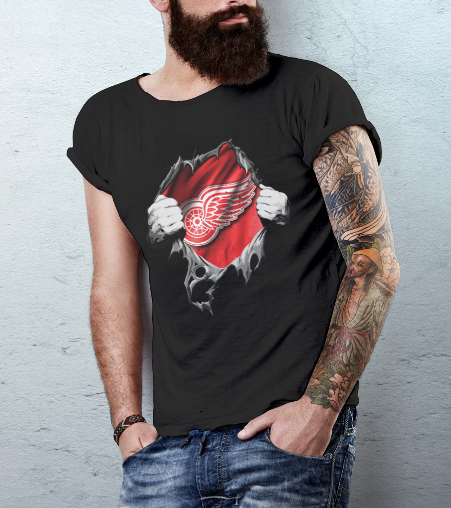 Detroit Red Wings Hockey Emblem Behind Ripped Fabric Peeking Out T-Shirt