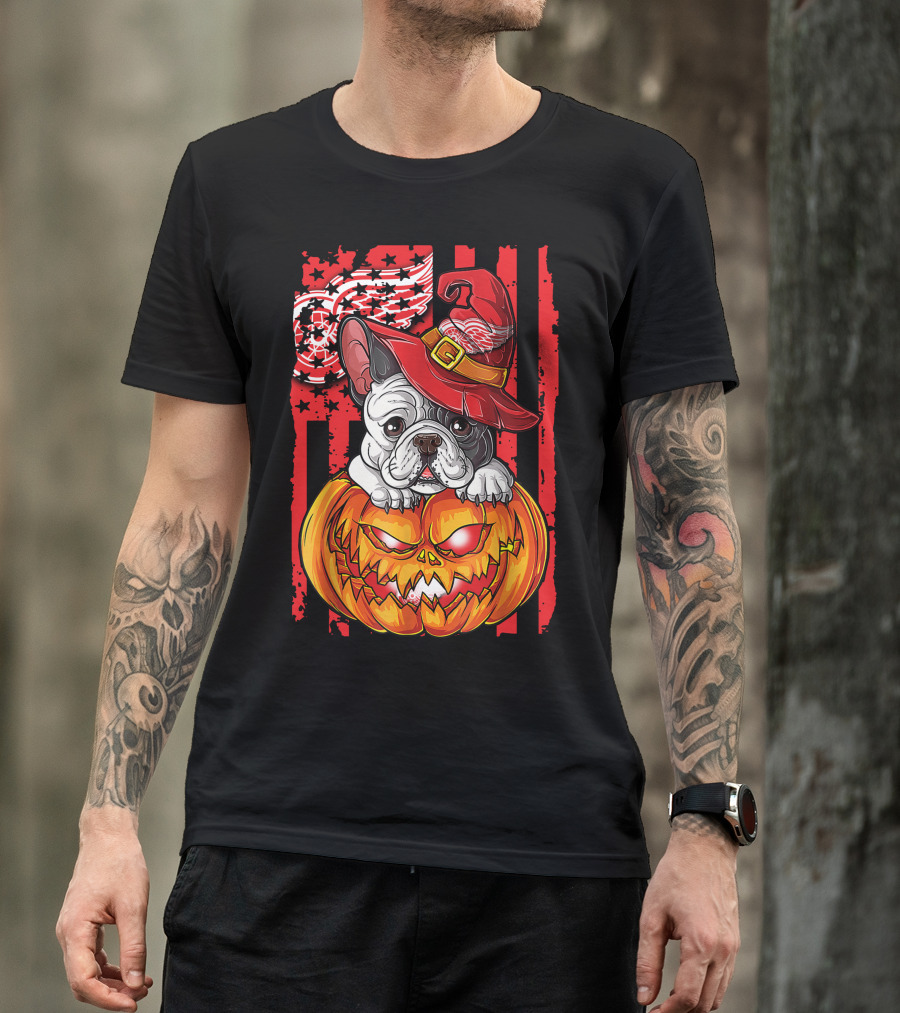 Hlw Bulldog Detroit Red Wings Witch Hat Pumpkin Halloween T-Shirt