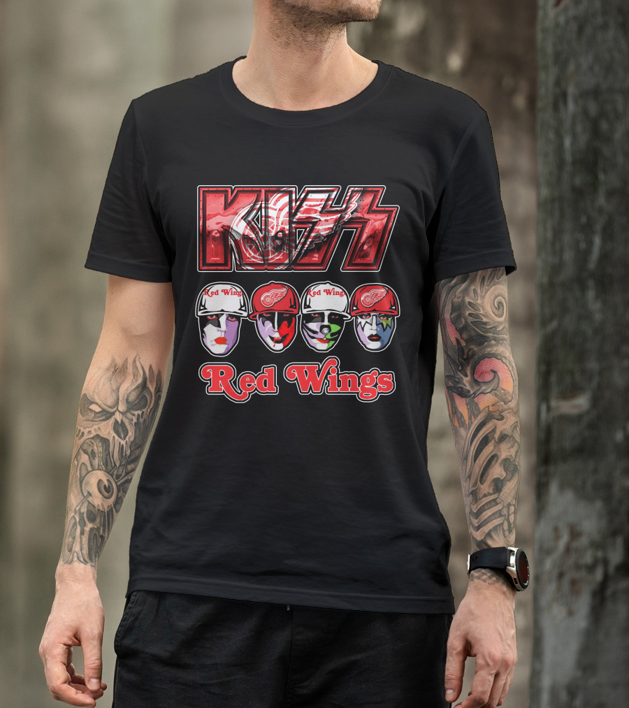 Kiss Detroit Red Wings Face Makeup Hockey Caps T-Shirt